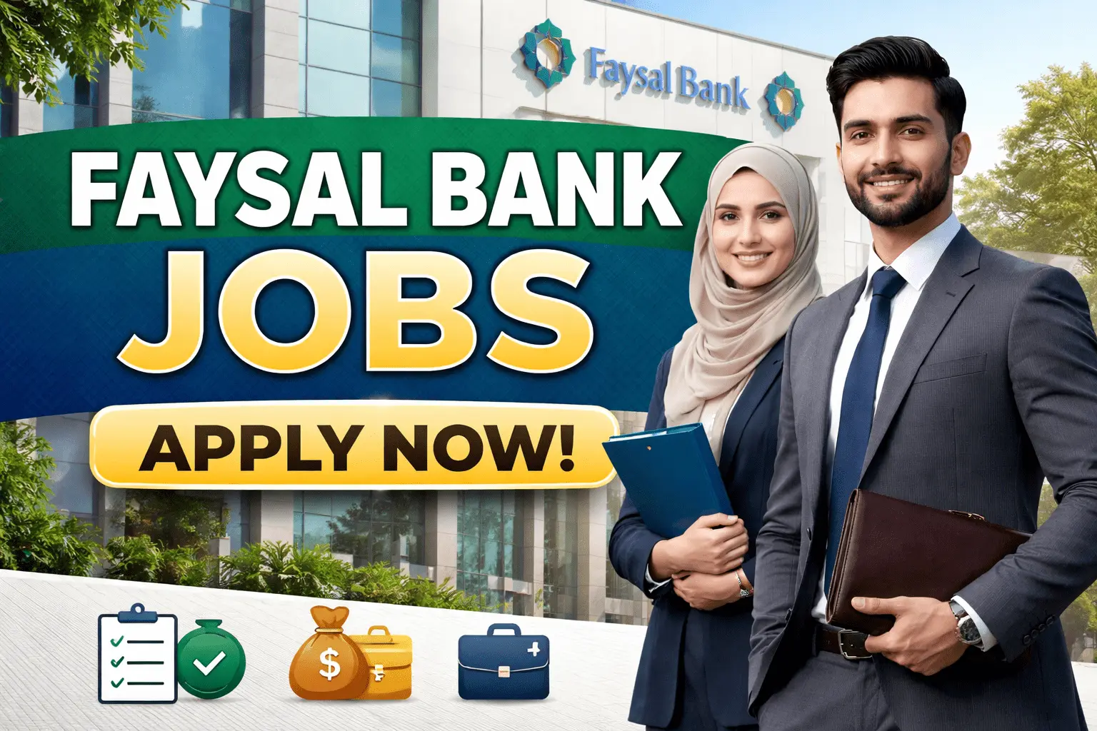 Faysal Bank Jobs 2025 thumbnail showing professional bankers standing in front of a modern Faysal Bank branch in Pakistan.