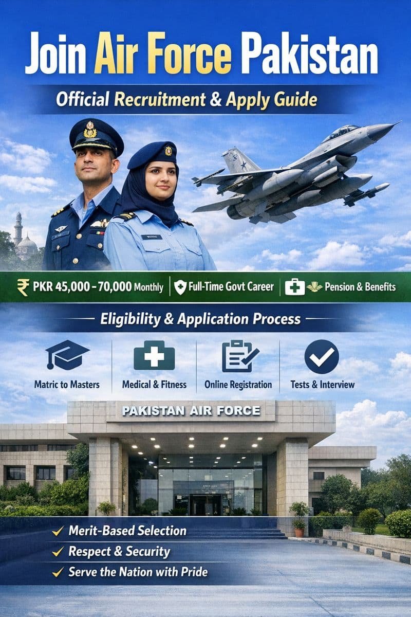 Join Air Force Pakistan official recruitment banner showing Pakistan Air Force personnel, fighter jet, salary range, eligibility, and online application highlights.