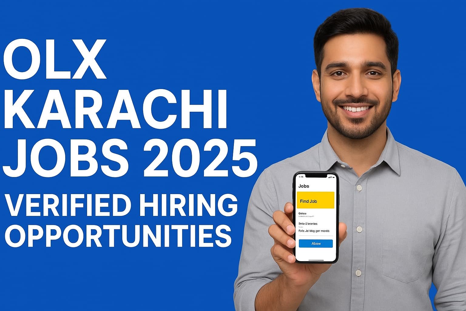 OLX in Karachi jobs 2025 image showing a professional job seeker holding a resume and smartphone with job listings against Karachi city skyline, representing verified hiring opportunities.